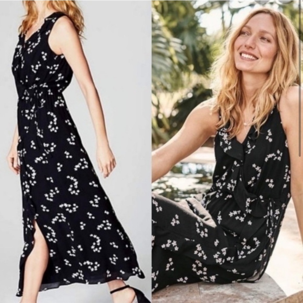 J. Jill Black Floral Maxi Dress, Ruffle Details, Elastic Waist, Size Large Tall